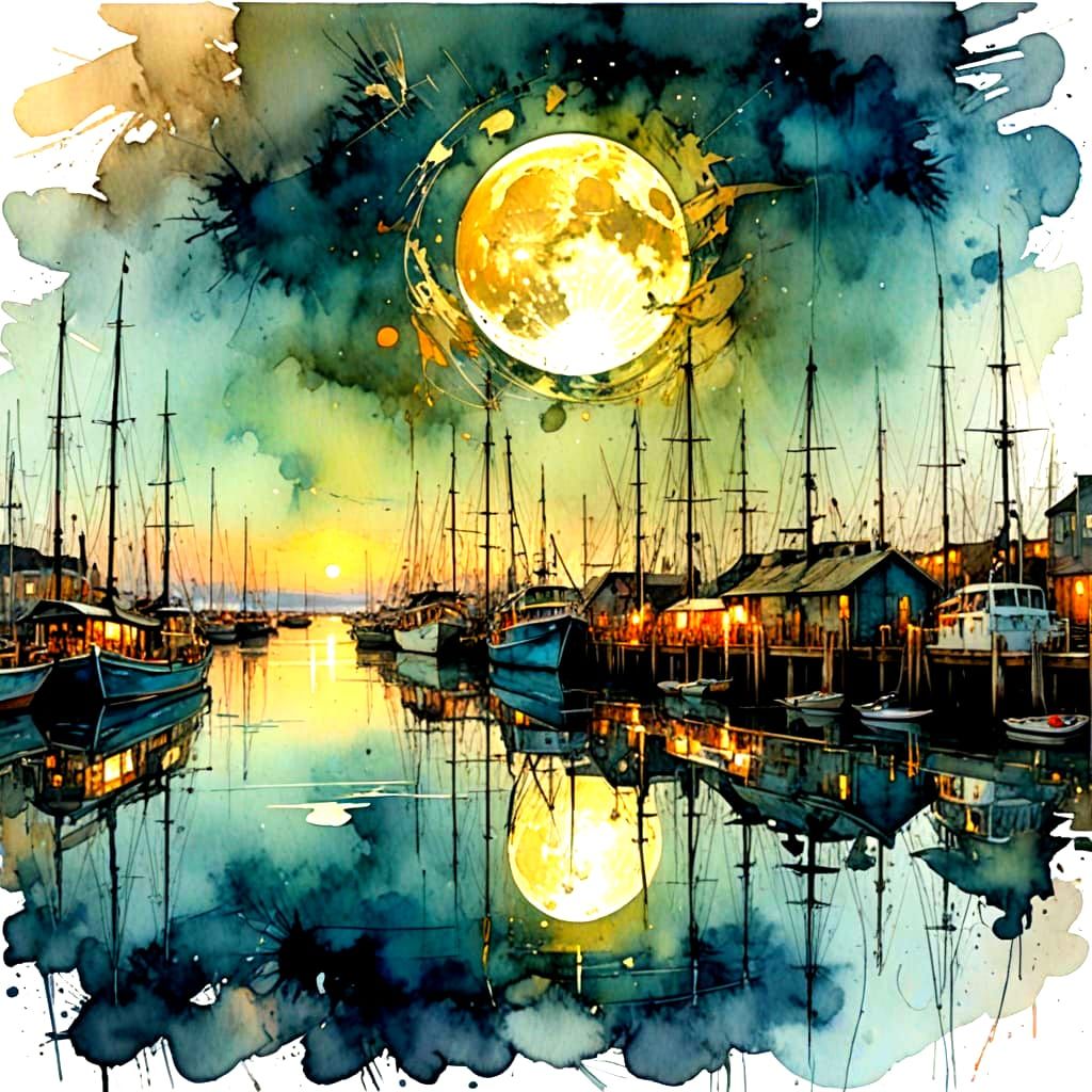 Surreal Harbor Wharf Scene Under Moonlit Watercolour Skies