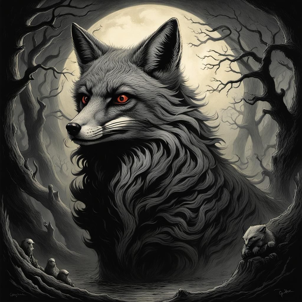Horrifying Fox in Dark Engraving Style