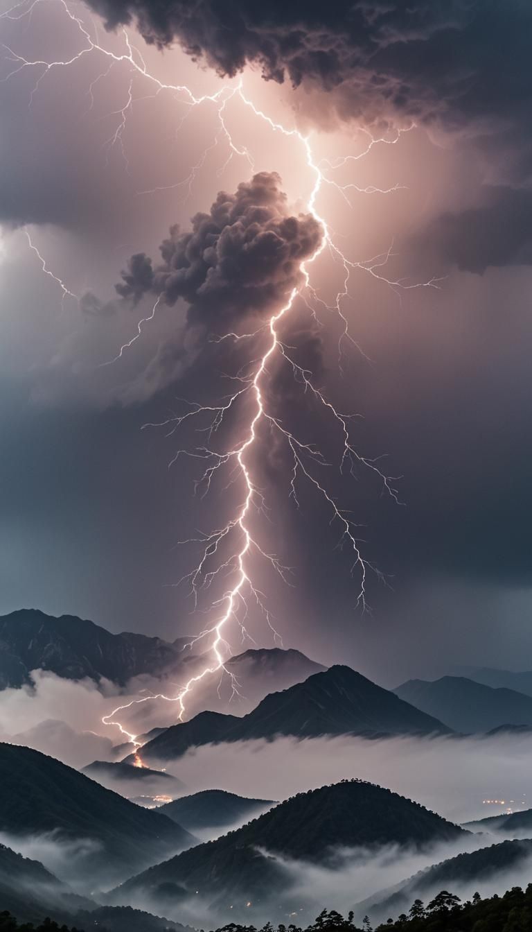 Lightning Strikes Mountain in Fog