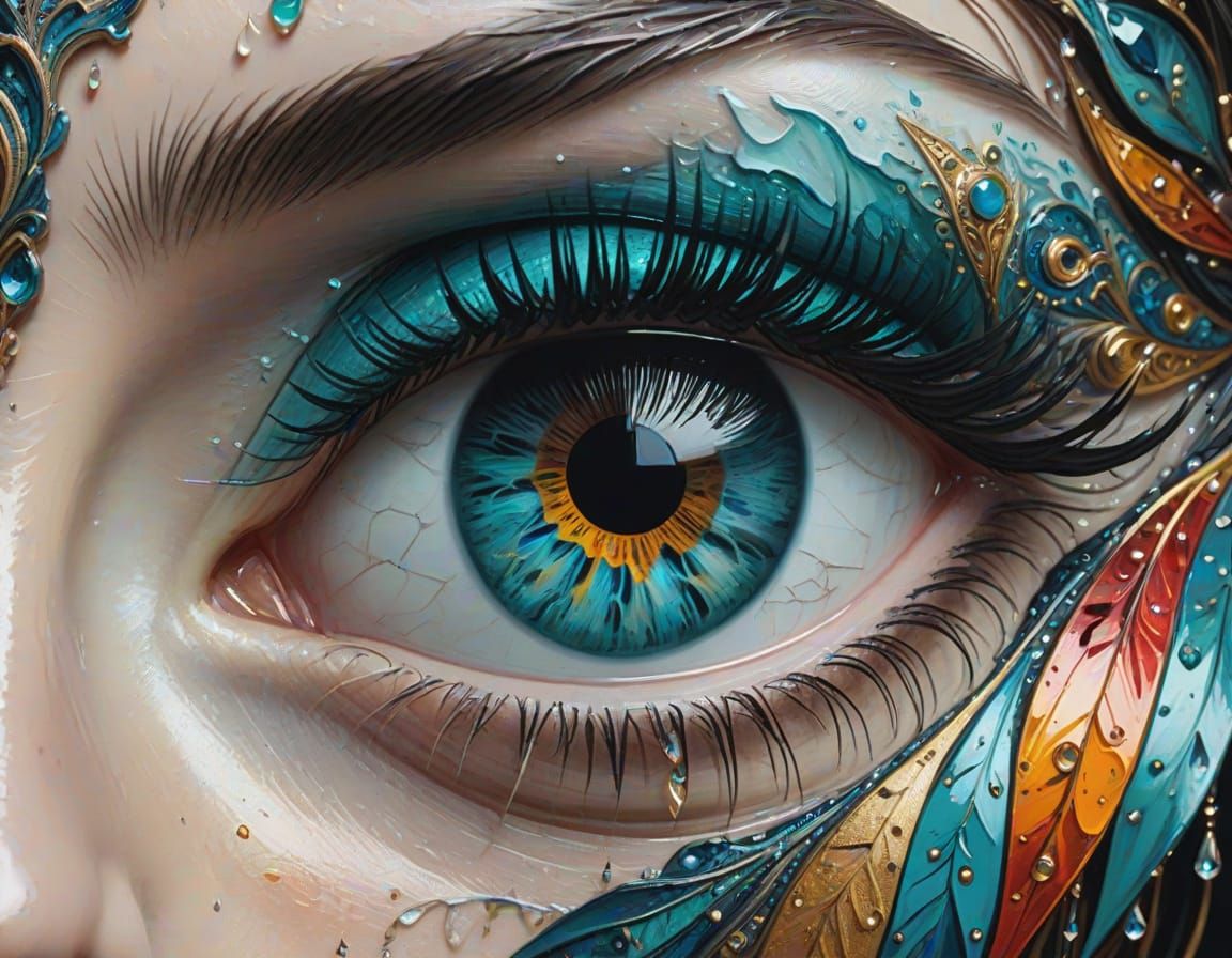 Detailed Eye Drawing with Colorful Teardrop