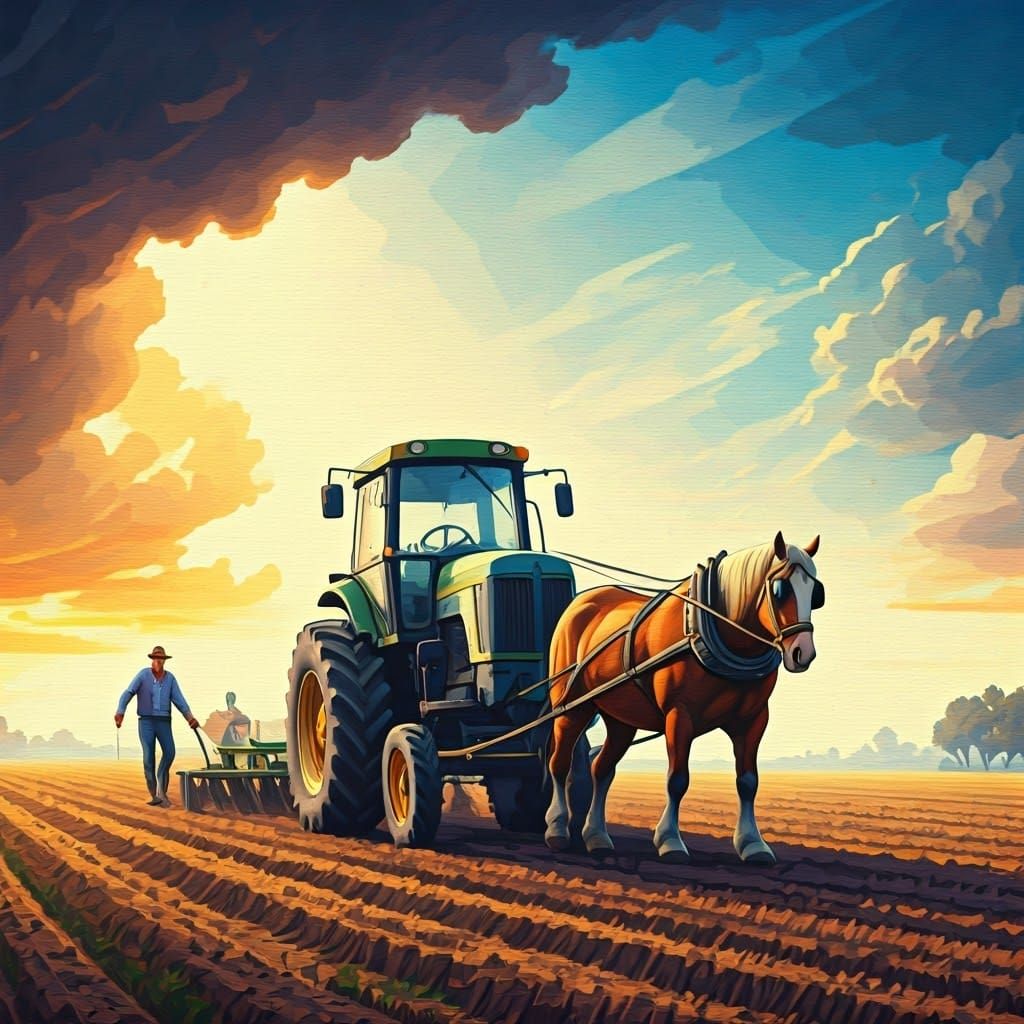 Surrealist Farmer's Dream: Horse Pulling Tractor