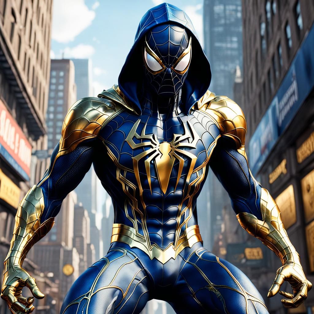 Hooded Spider-Man in Blue and Gold Suit