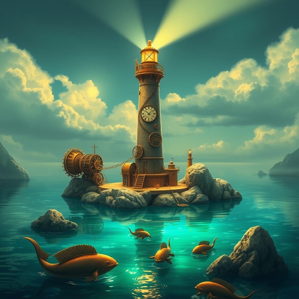 Steampunk Lighthouse Rising from Tranquil Lagoon