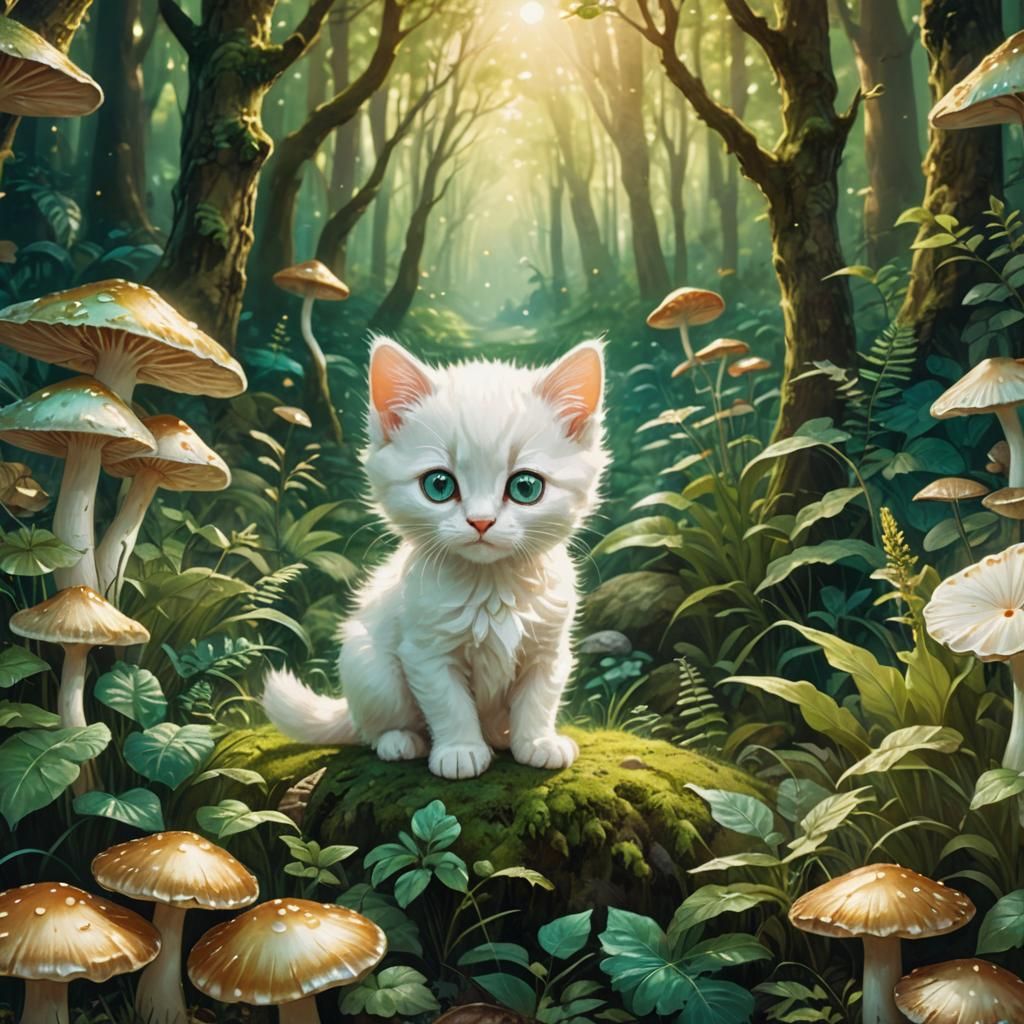 Kitten and Mushroom in Whimsical Forest Concept Art