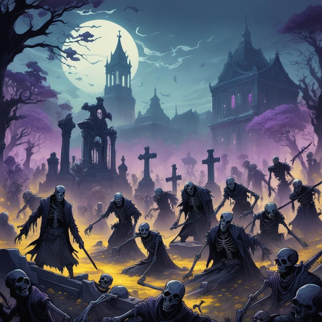 K-Pop Band vs Zombies in Graveyard: Dark Fantasy Art