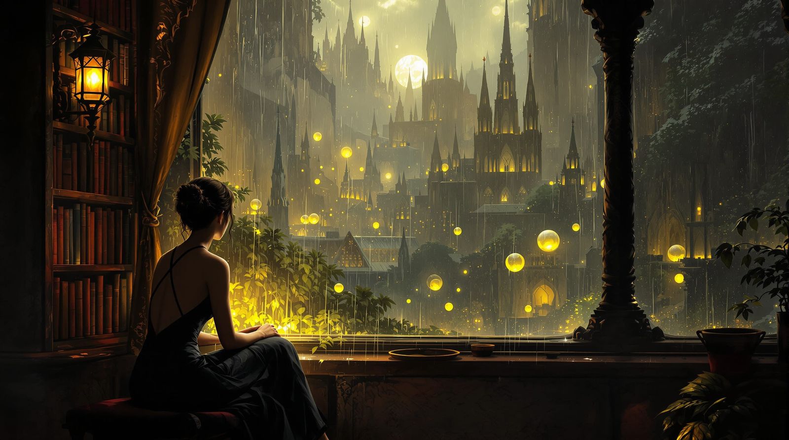 Solitary Woman in Magical Library by Window