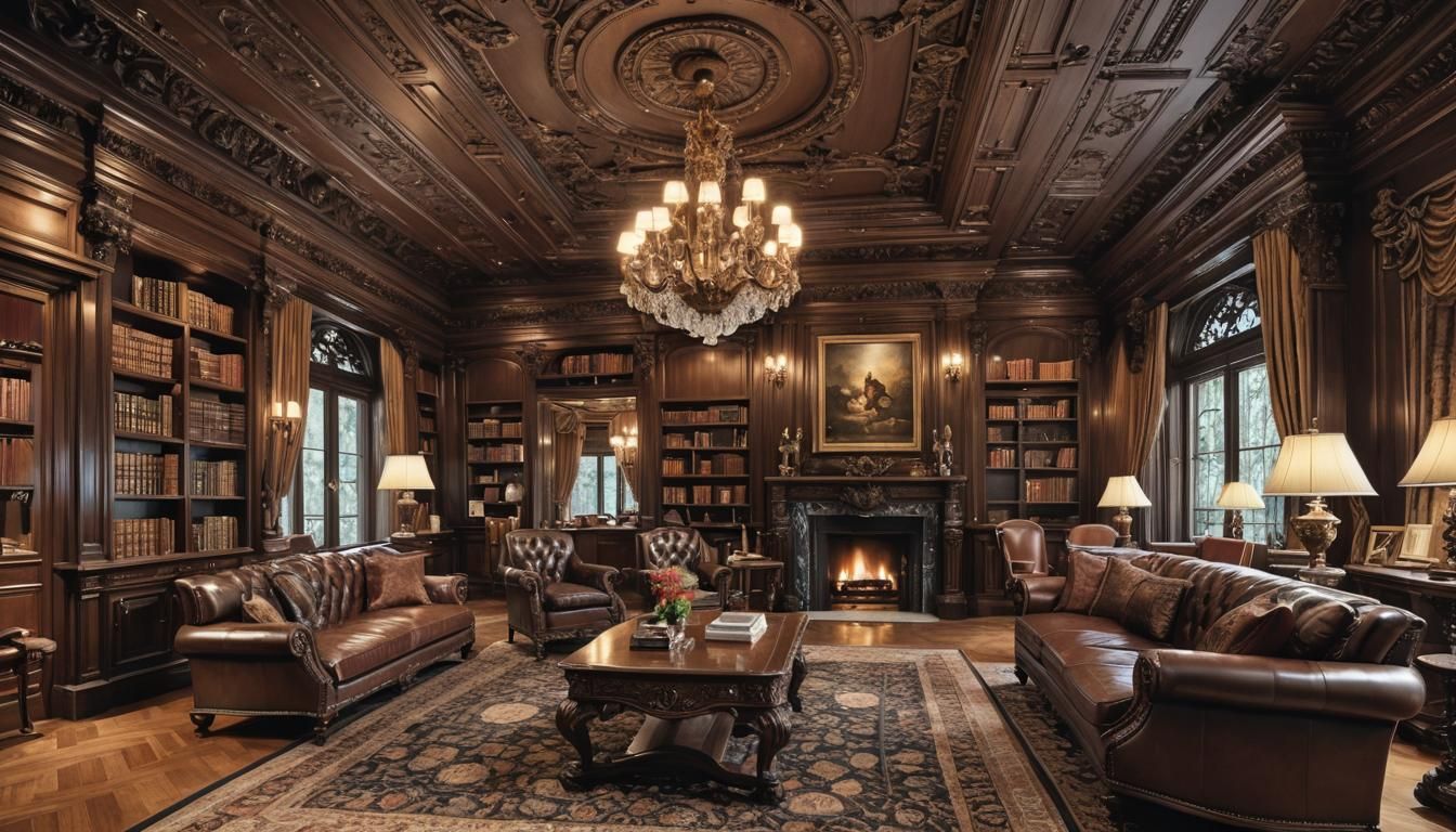 Grand Chateau Library in Dark Academia Style