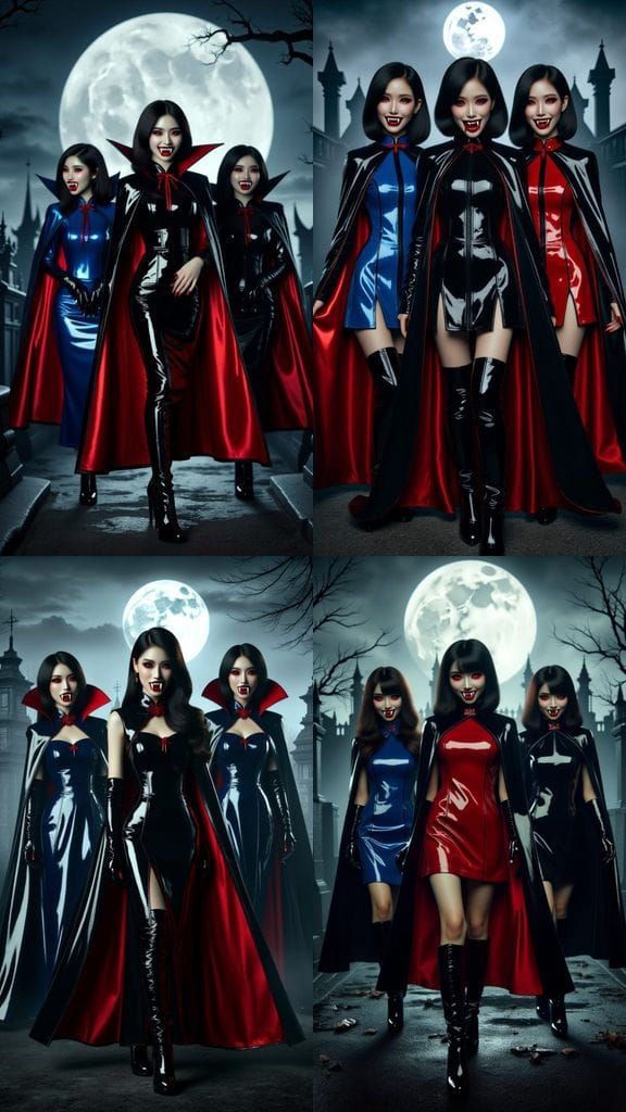 Asian Vampire Goddesses in Midnight Cemetery