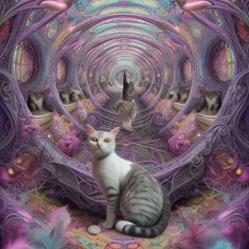 Cats' Surreal Adventure in a Whimsical Theme Park