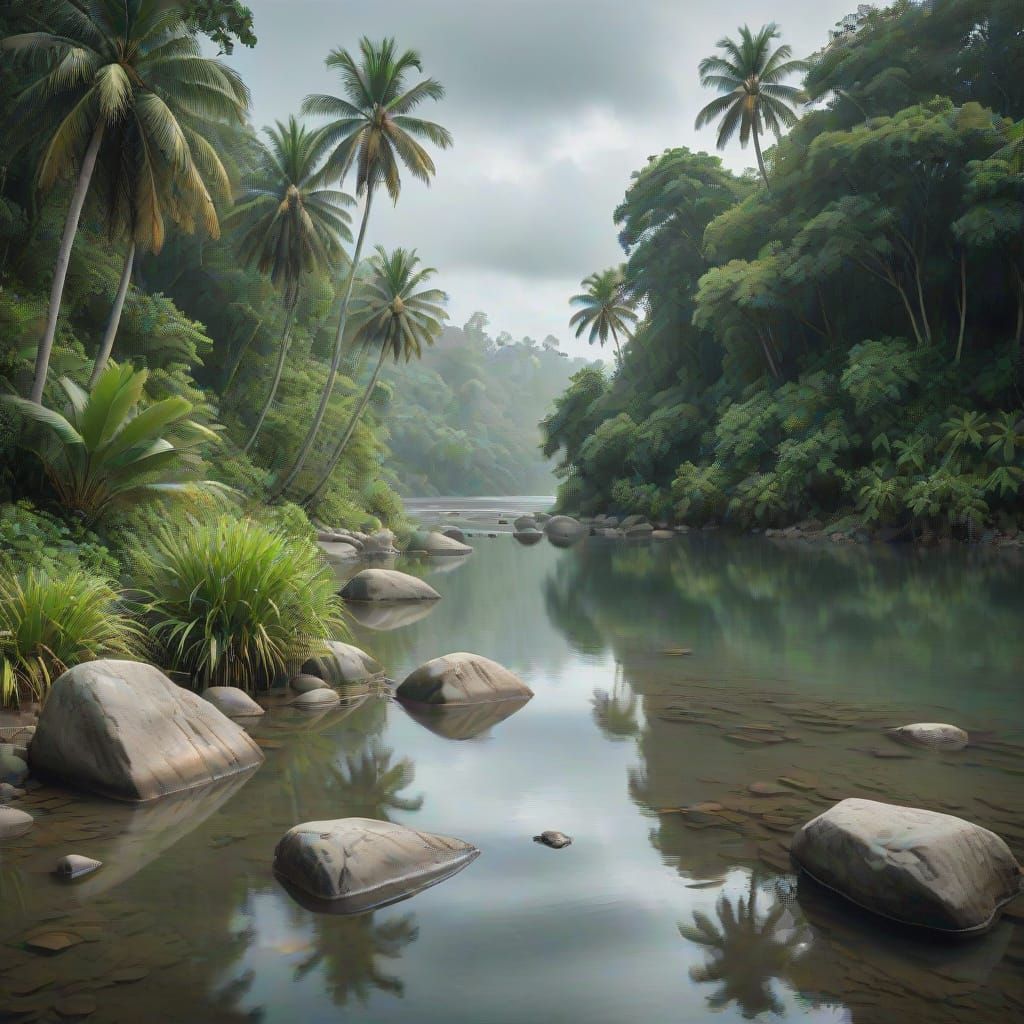 Tropical Riverside Landscape in Ultra-Realistic Photo
