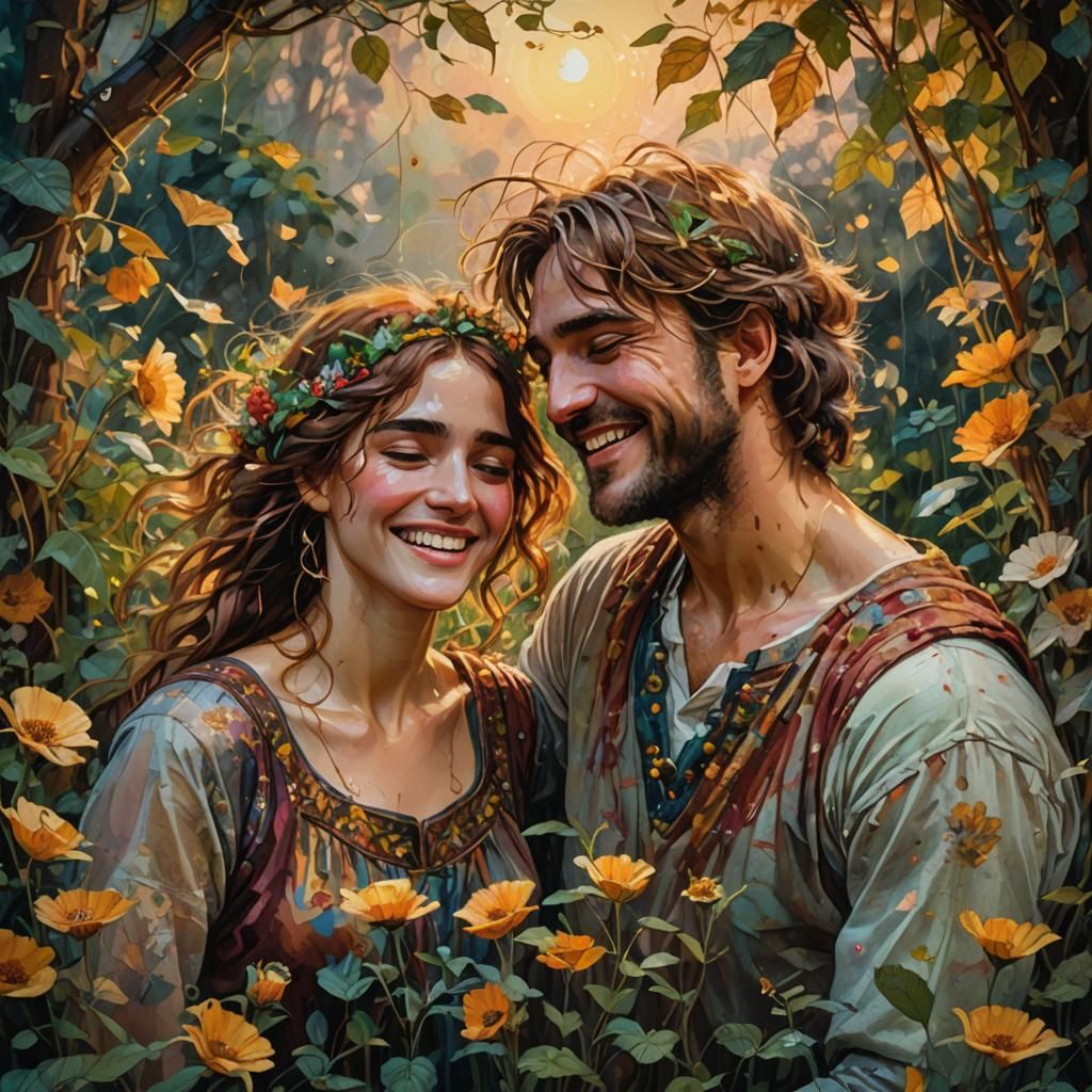 Couple Laughing in Lush Garden as Pre-Raphaelite Painting