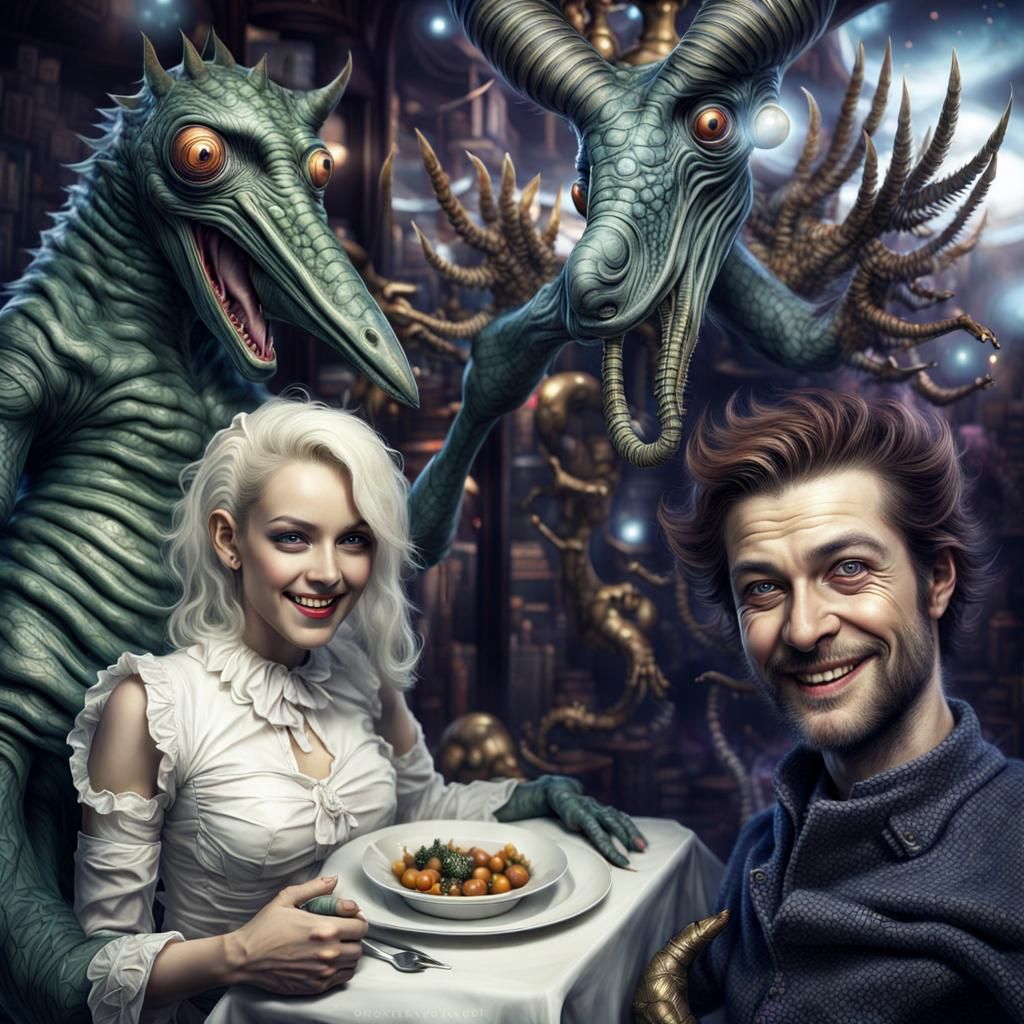 Photorealistic Aliens Smiling in Subdued Lighting