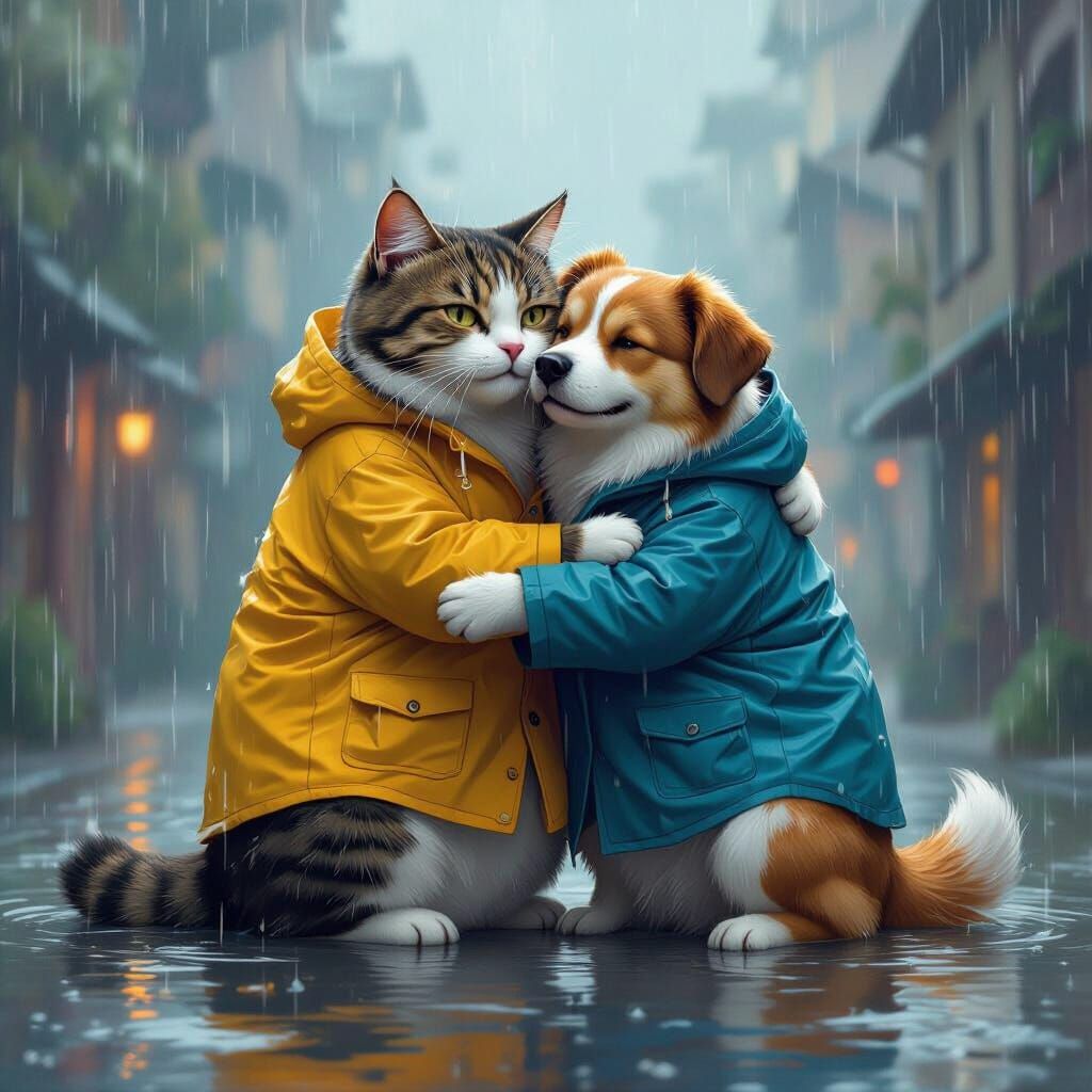 Giant Cat and Dog Embrace in Rainy Digital Art
