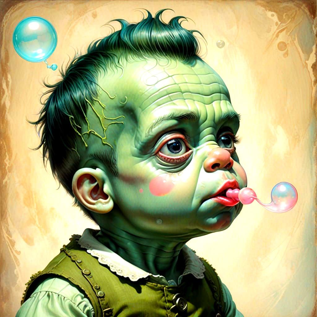 Whimsical Baby Frankenstein Blows a Bubblegum Bubble in a Fa...