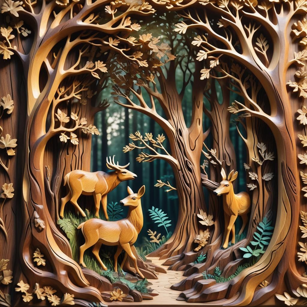 Detailed Wood Relief Carving of Forest Scene