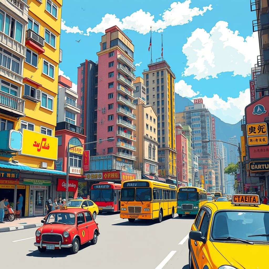 Vibrant Hong Kong Streets in Playful Cartoon Style