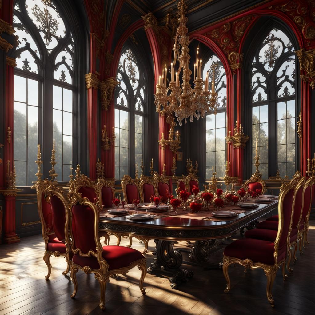 Rococo Gothic Dining Room in Red and Black