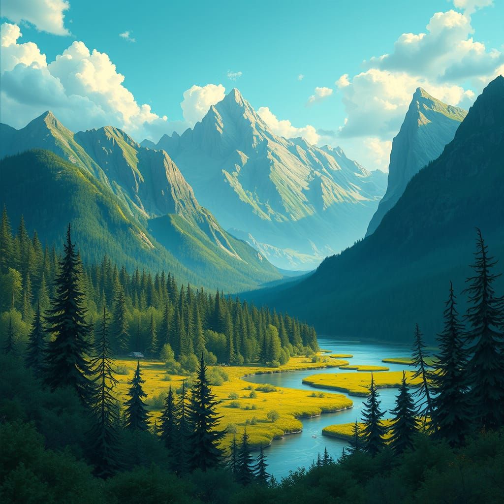 Lush Landscape in Whimsical Artistic Style