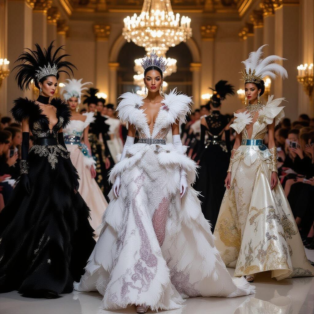 Surreal Ball of Elegant Women in Avant-Garde Couture