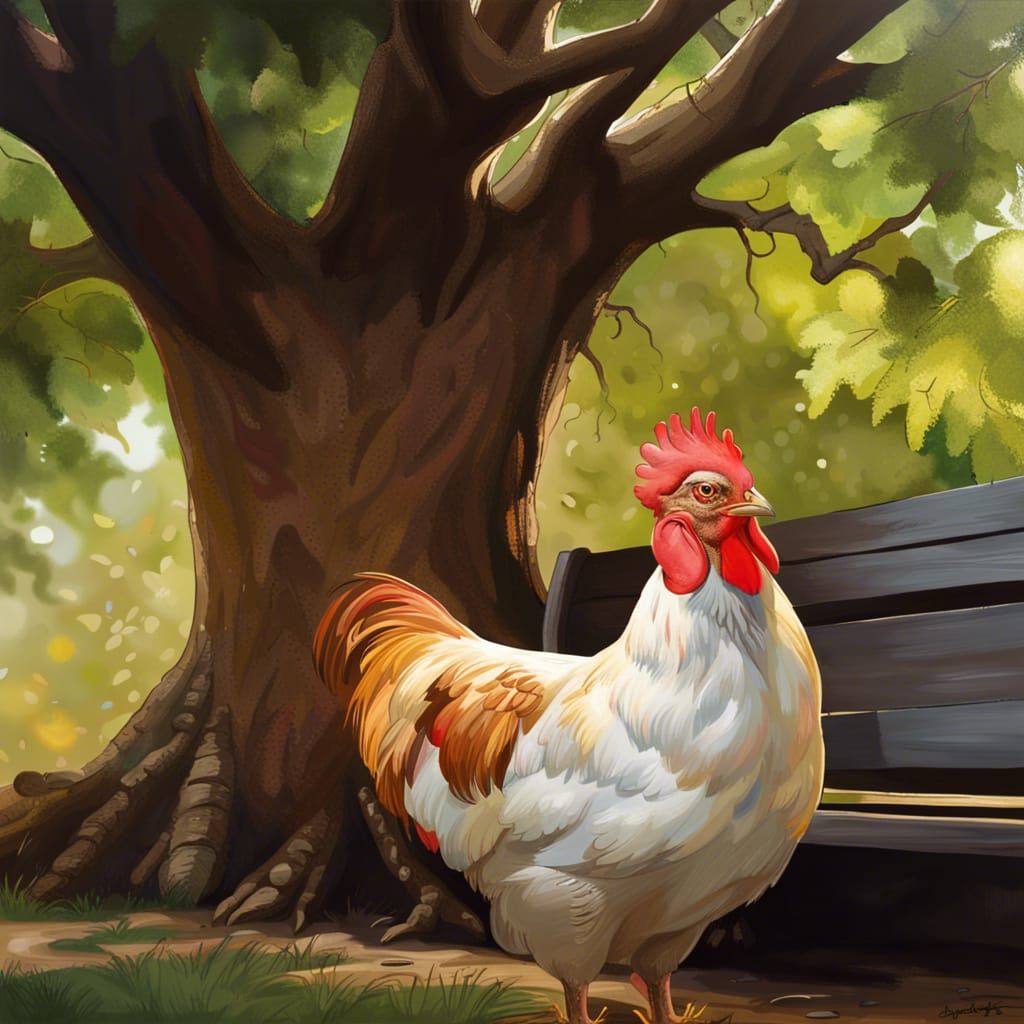 Hyperrealistic Hens Near a Tree with Hidden Safe