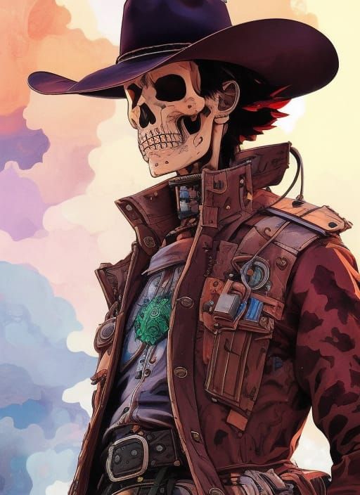 Skeleton Cowboy Portrait in Hyperdetailed Gouache Style
