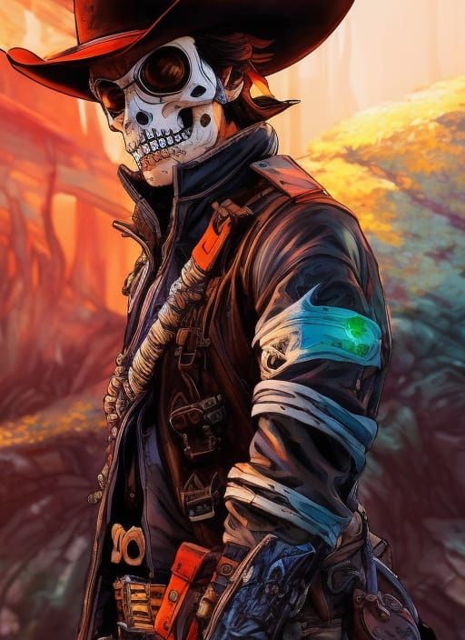 Detailed Skeleton Cowboy Portrait with Marbling Textures