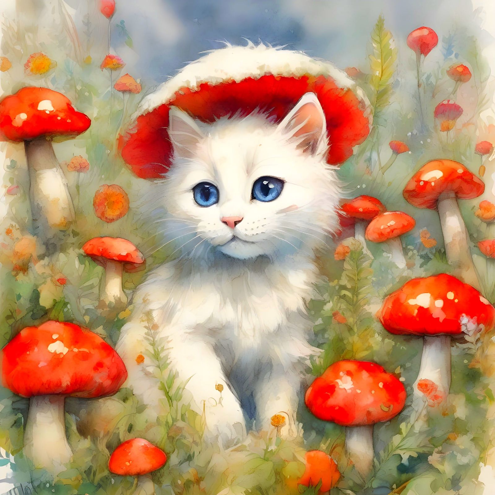 Whimsical White Kitten in a Fantastical Garden
