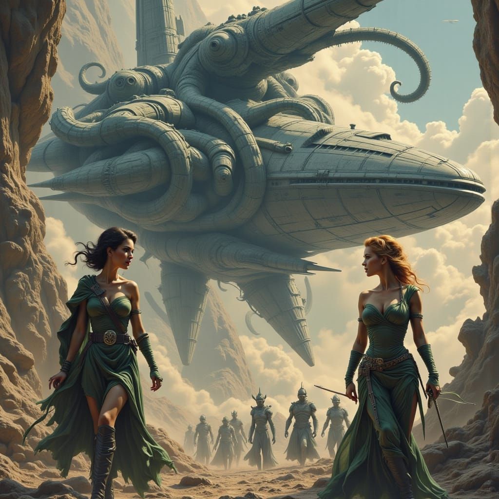 Busty Women in a Futuristic Spacecraft with Alien Tentacles