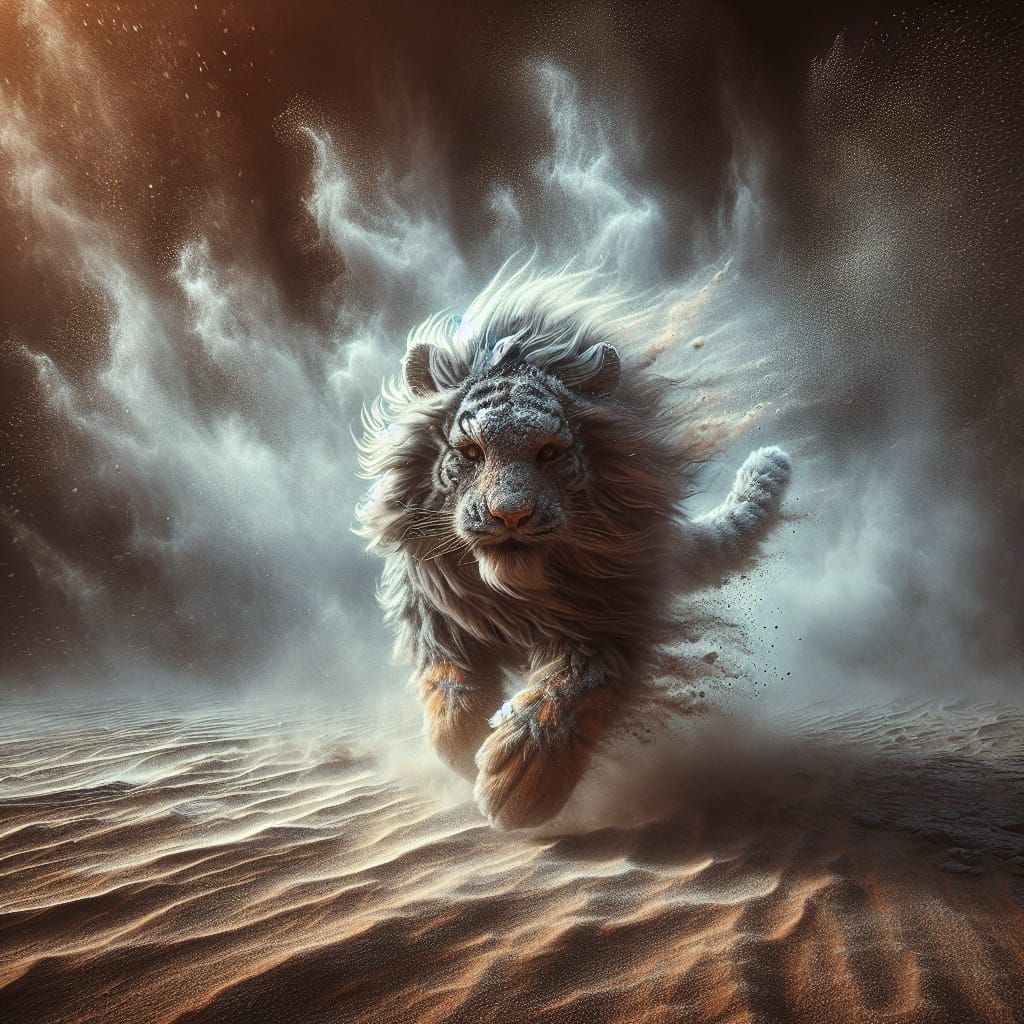 Magical Tiger Cub Runs Through Desert Sandstorm