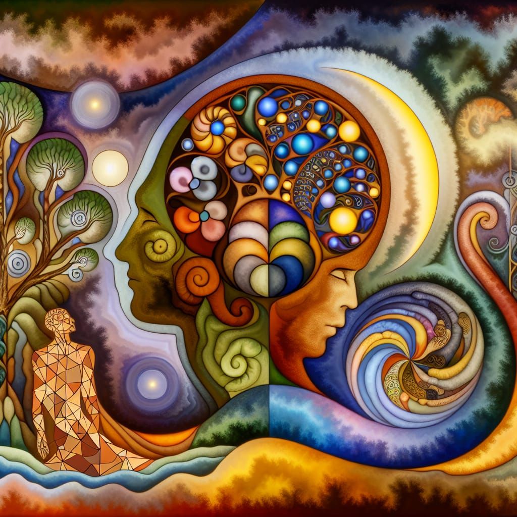 Surreal Intertwined Figures in Dreamlike Mindscape