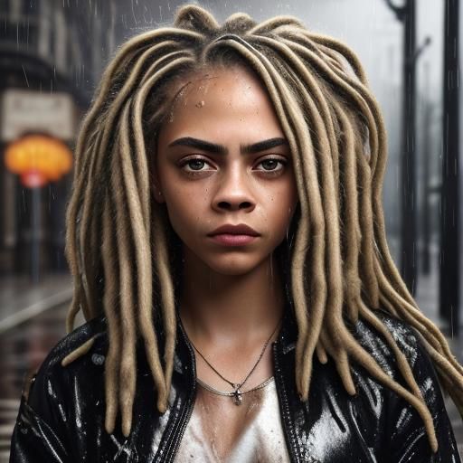 Rainy Portrait of Woman with Platinum Dreadlocks