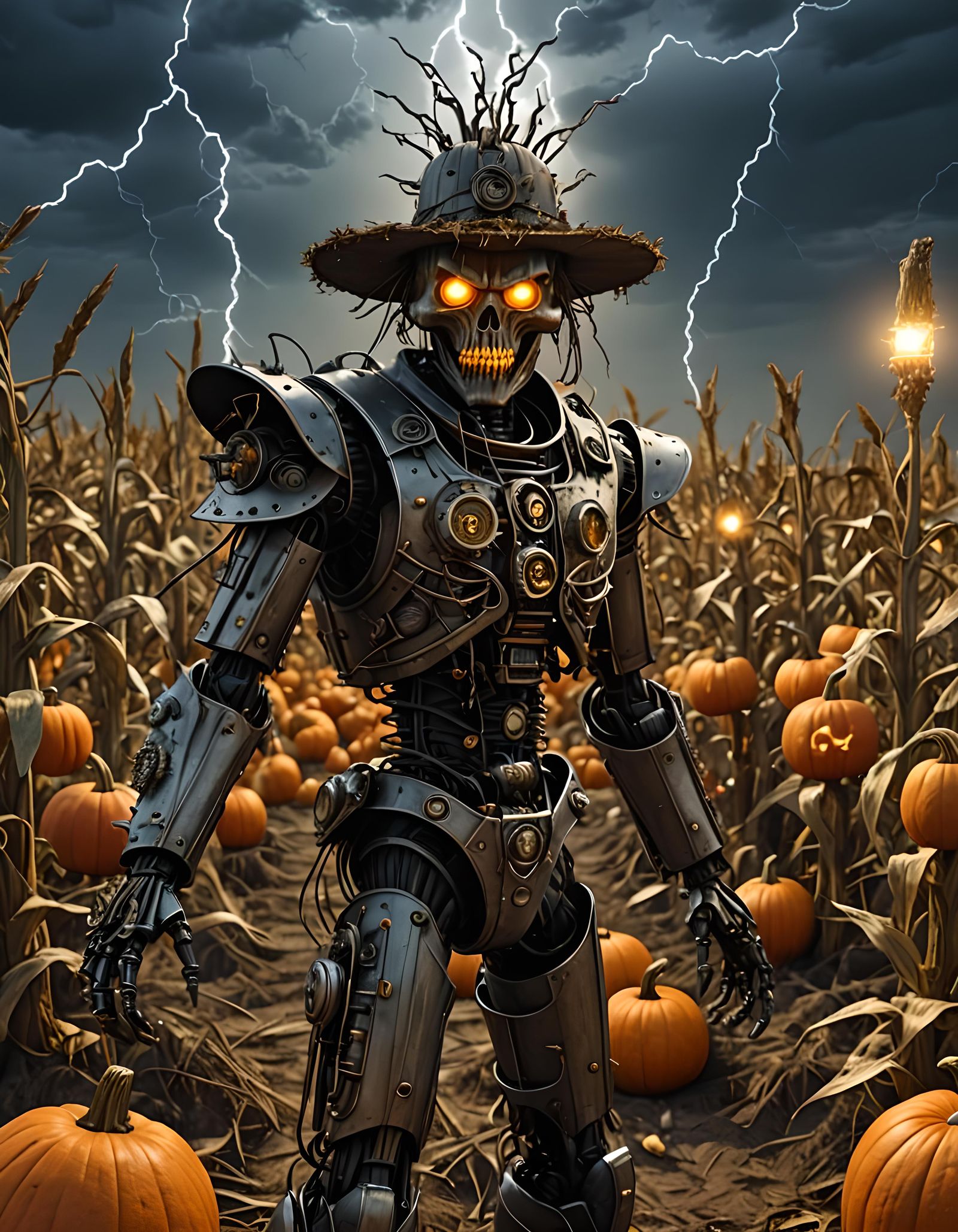 Steampunk Robot Scarecrow Warrior in Moonlit Battle