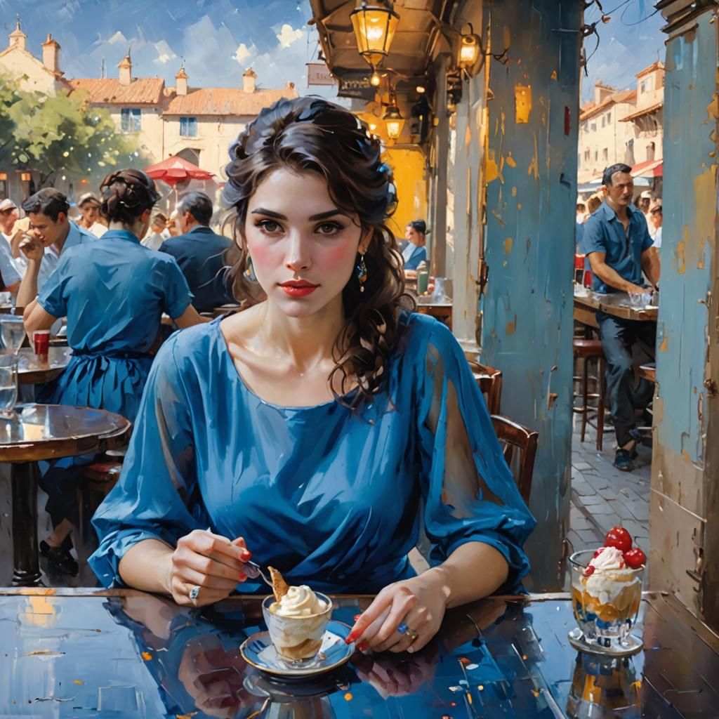 Brunette in Blue Dress, Romantic Painting Style