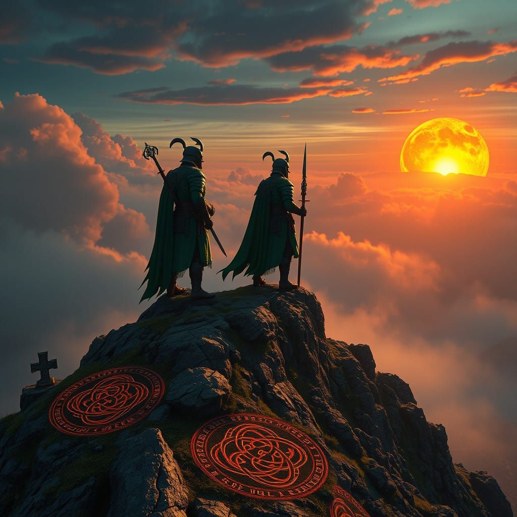 Celtic Warriors in Emerald Armor Stand Vigilant atop Misty M...
