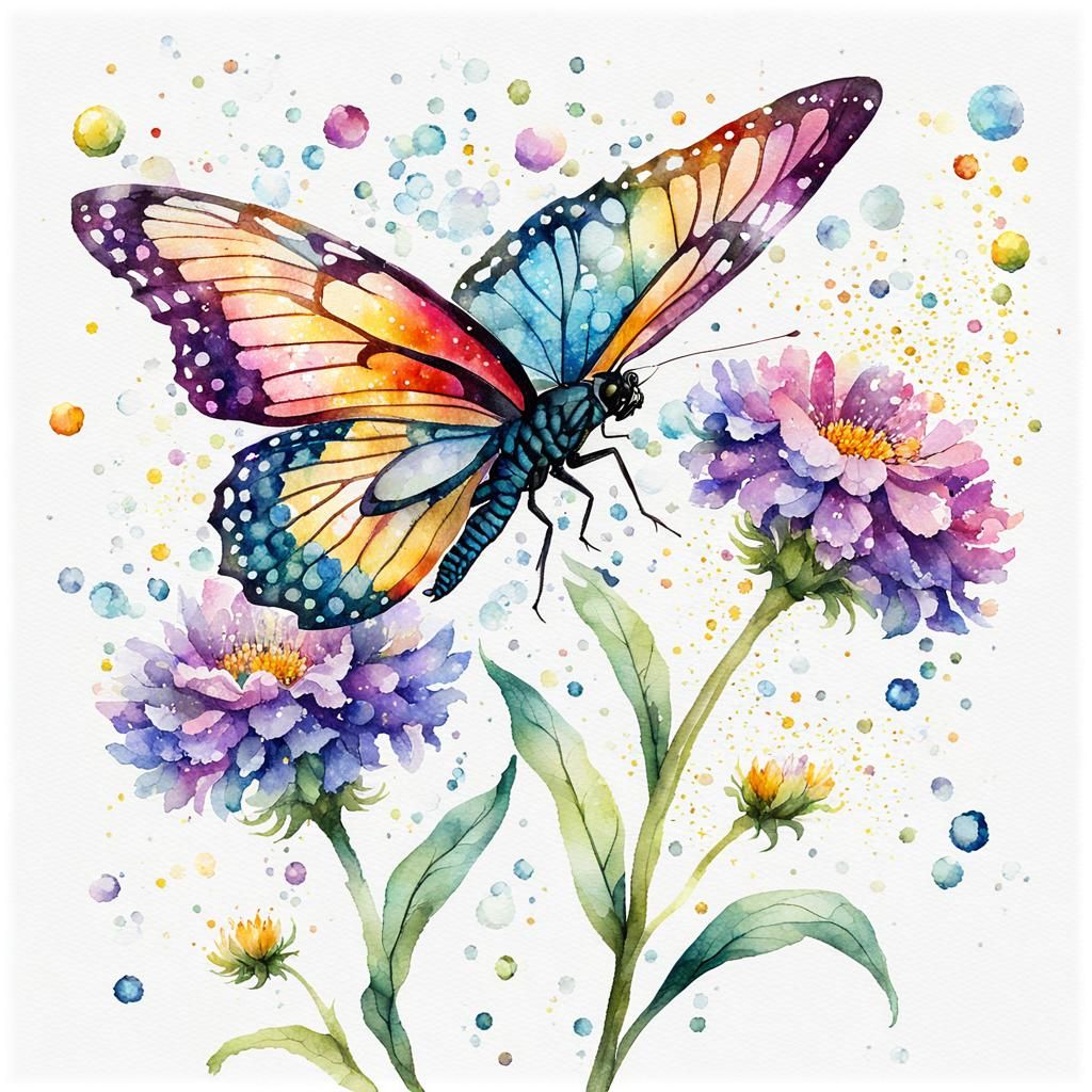 Colorful Butterfly in Spring Garden, Watercolor Gouache