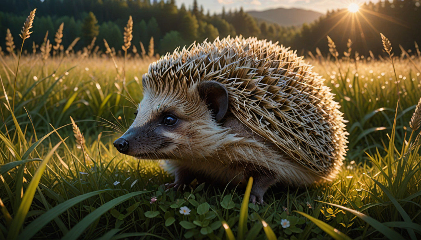 Whimsical Healing Hedgehog in Lush Fantasy Meadow