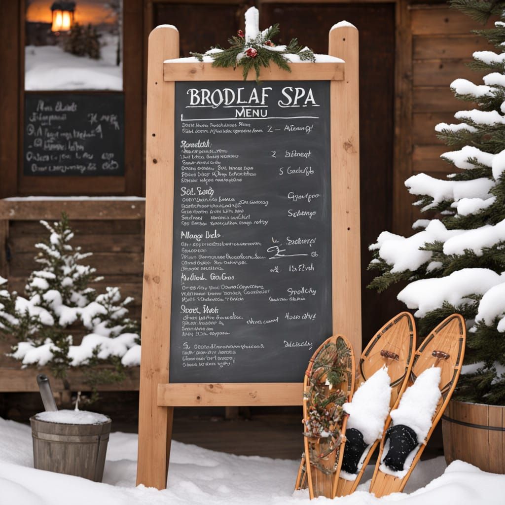 Winter Resort Menu Written on a Chalkboard with Snowshoes