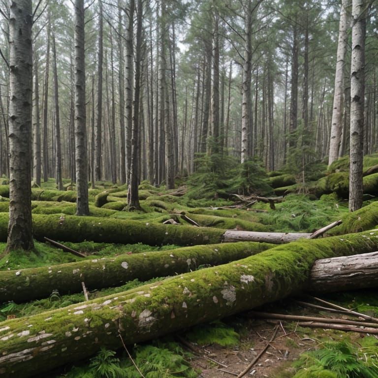 Impressionist Forest Landscape with Pine and Birch Trees
