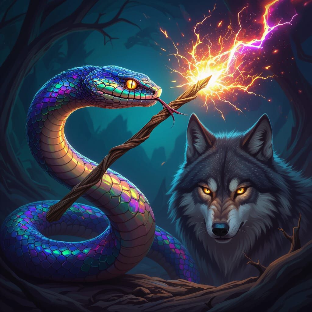 Iridescent Snake Casts Spell at Molten-Eyed Wolf