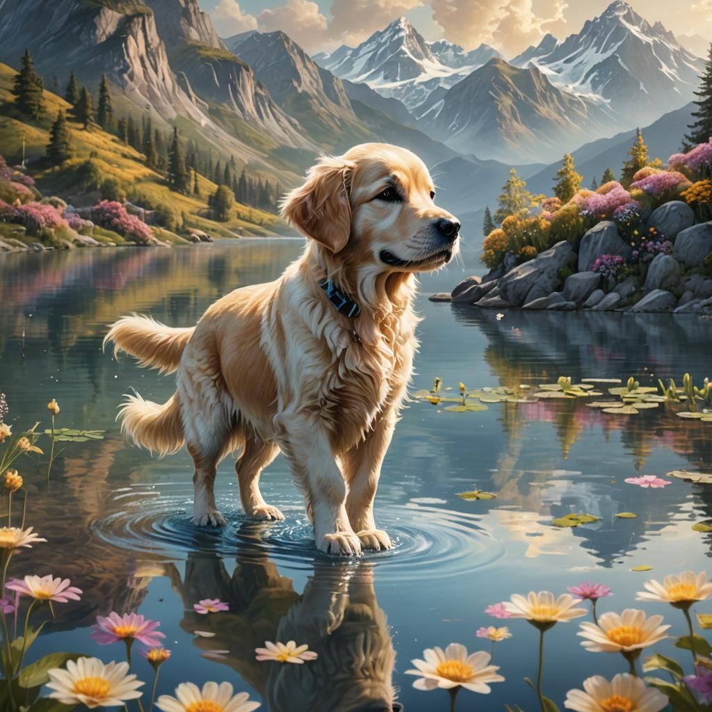 Golden Retriever Puppy at Mountain Lake: Vibrant Oil Paintin...