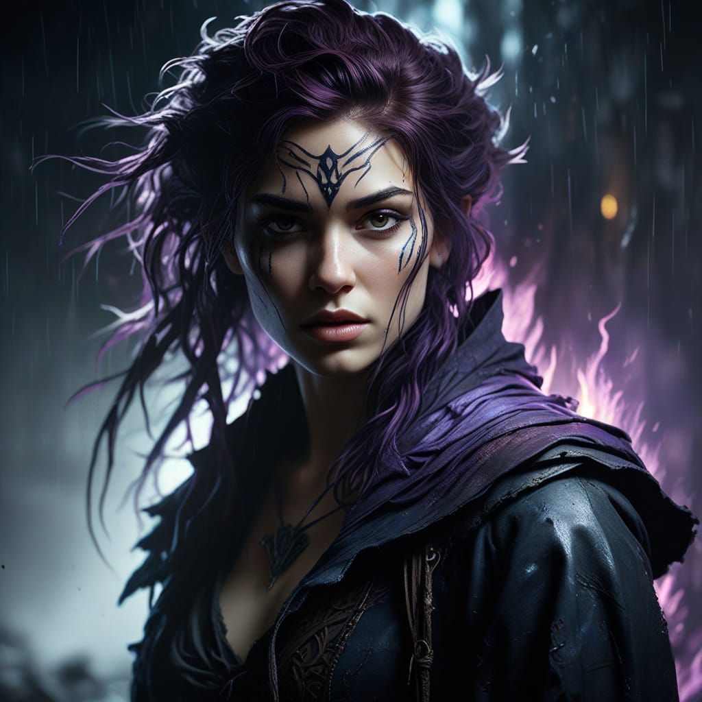 Sorceress Battles Winter Storm in Gothic Dark Fantasy Portra...