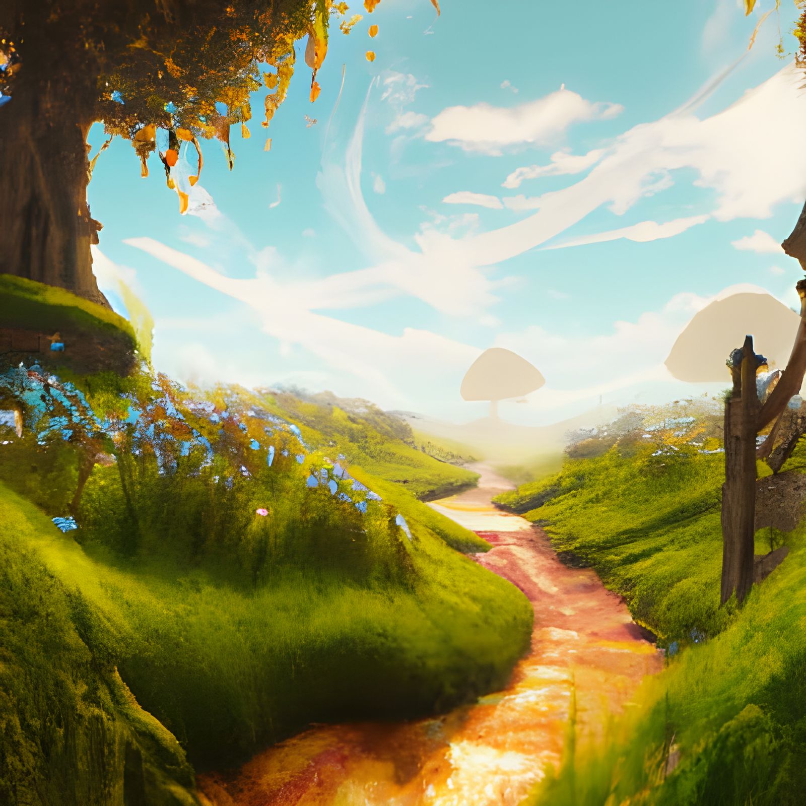 Sunny Meadow Path: Fantastical Digital Concept Art