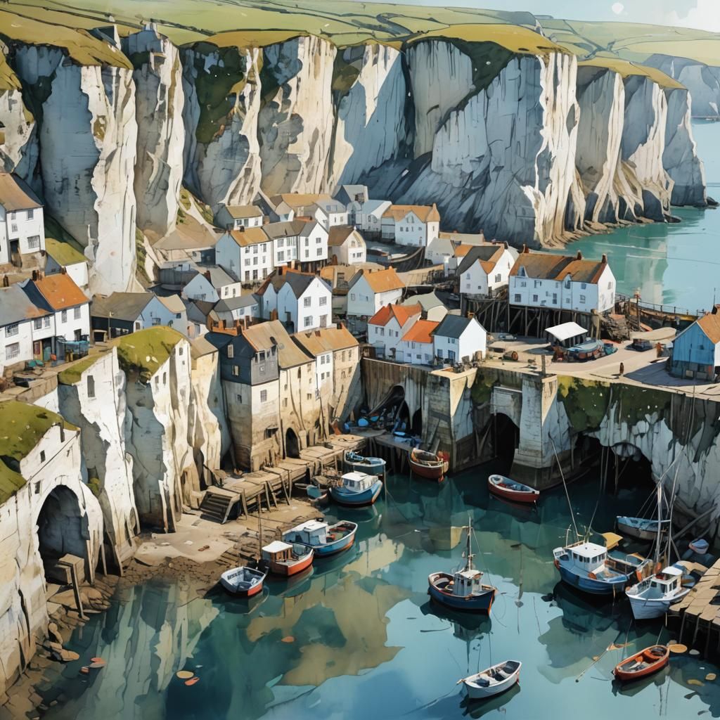 Digital watercolor Illustration of a fishing harbour under the white cliffs of Dover, by Waterhouse, Carne Griffiths, Mi...