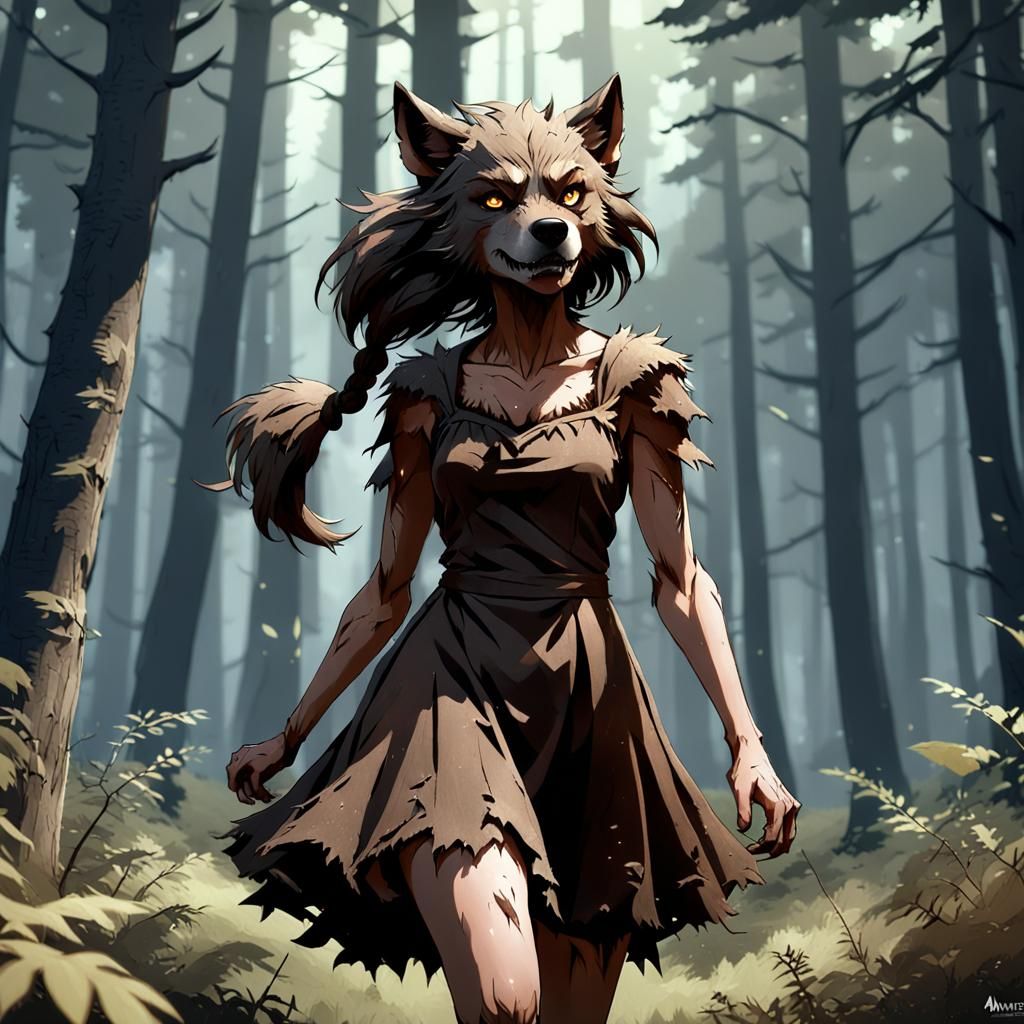 Female Werewolf Sniffing Air in Forest, Anime Art