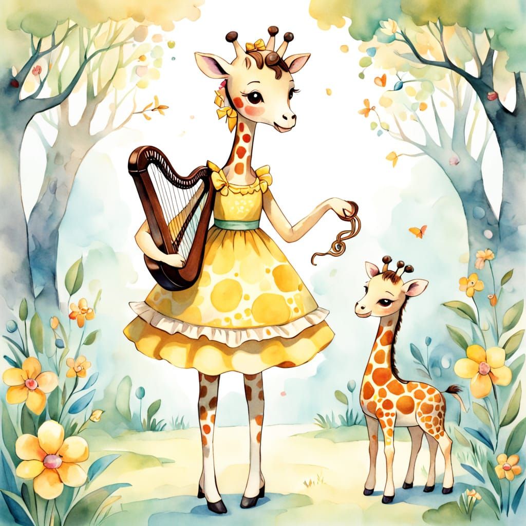 Whimsical Giraffe Harpist in Watercolor Cartoon Style