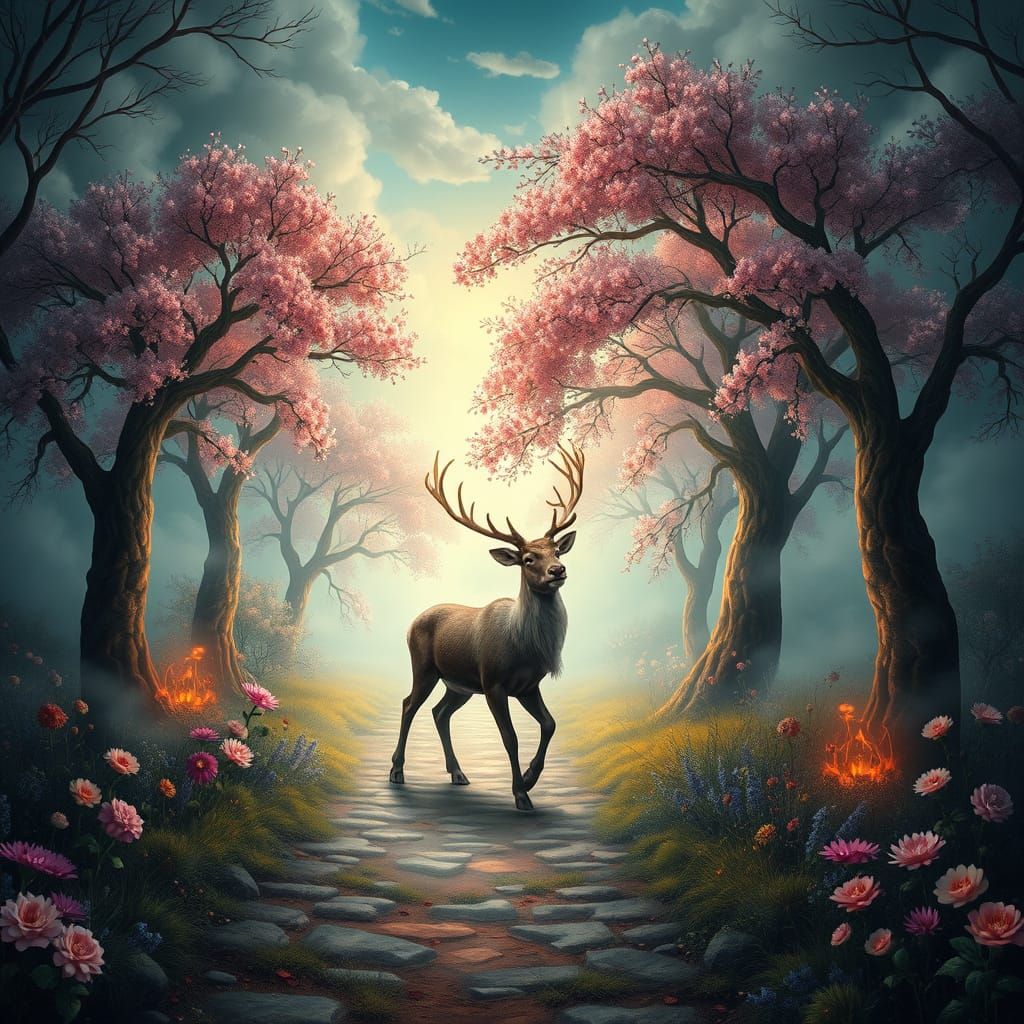 Reindeer in Whimsical Forest Pathway, Dreamy Art