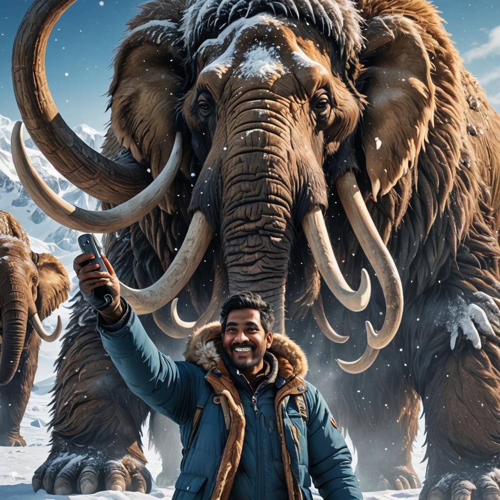 Selfie with Mammoth in Antarctica: Fantasy Concept Art