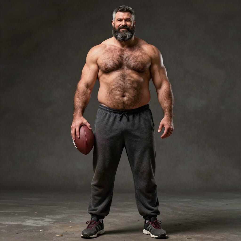 Muscular Man with Beard Holding Football in Realistic Style