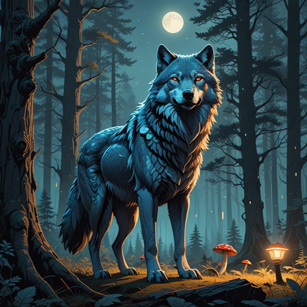 Regal Alpha Wolf in Futuristic Moonlit Forest