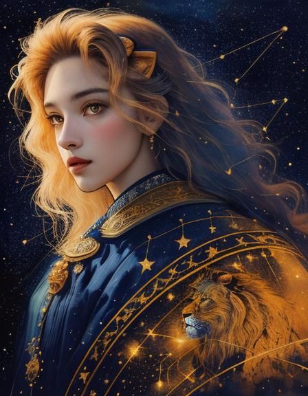 Woman as Leo Constellation in Watercolor Style